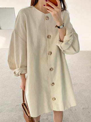 Simple Round Neck Breasted Loose Puff Sleeve Dress