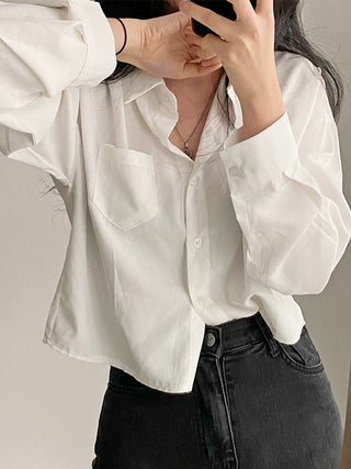 SImple Polo Collar Long Sleeve Short Shirt