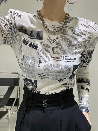 Retro Newspaper Print Slim Long Sleeve Bottoming Shirt