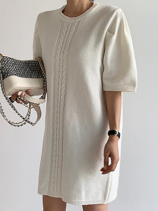 Elegant Short-sleeved Knitted White Short Dress