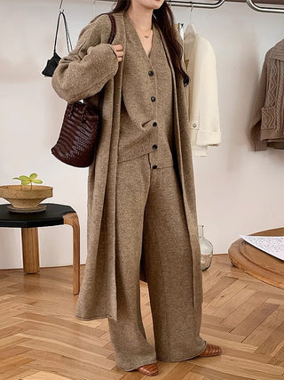 Casual Knitted Long Jacket&Vest&Pants 3 Pieces Suit