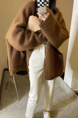 Retro V-neck Breasted Loose Large Pocket Knitted Cardigan