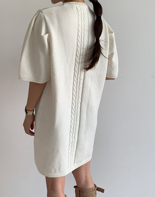Elegant Short-sleeved Knitted White Short Dress