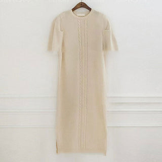 Vintage Textured Short Sleeves Long Slit Sweater Dress
