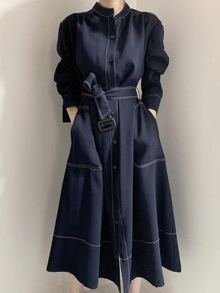 Stand Collar Single Loose Tie Trench Dress