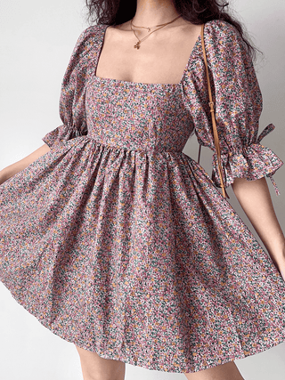 Vintage Square Neck Puff Sleeve Floral Dress