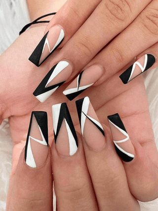 Black White Simple Geometry False Nails