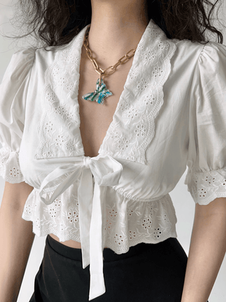 French Court Style Puff Sleeve Embroidered Tie White Shirt