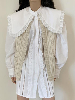 Large Lapel Lace Shirt&Linen Pattern Knitted Vest Coat