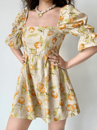 Vintage Fruit Print Square Neck Puff Sleeve Dress