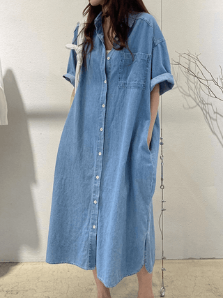 Vintage Lapel Single Breasted Casual Pocket Denim Dress