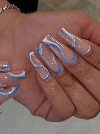 Wavy Lines Blue And White Press On Nails