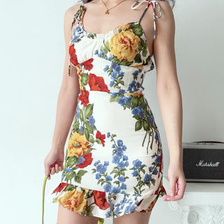 Printed Strap Suspender Ruffled A-line Dress