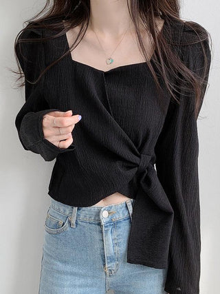 Square Neck Strappy Loose Long Sleeve Shirt