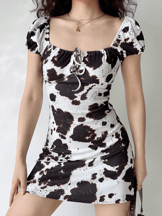 Cow Print Square Neck Puff Sleeve Dress