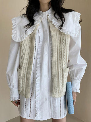 Large Lapel Lace Shirt&Linen Pattern Knitted Vest Coat