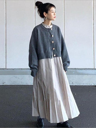 Solid Color Pleated Long Sleeve Dress