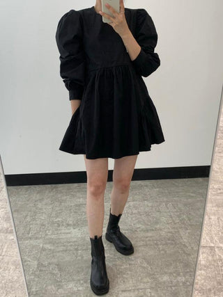 Simple Black Loose Puff Sleeve Short Shirt Dress