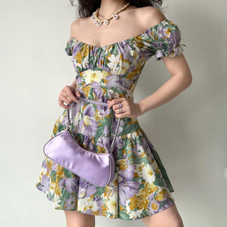 Ancient Oil Painting Floral Puff Sleeve Short Sleeve Dress