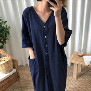 Chic V-neck Single Breasted Loose Dress