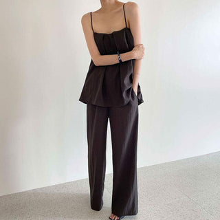 Square Neck Pleated Loose Camisole & Wide Trousers Suit Sets