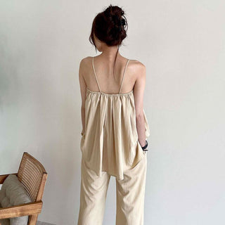 Square Neck Pleated Loose Camisole & Wide Trousers Suit Sets