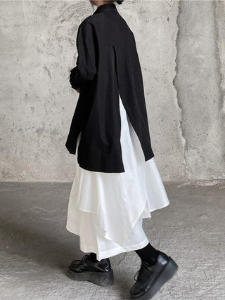 クールなブラックビッグスプリットロングシャツ&amp;ホワイトスカートセット