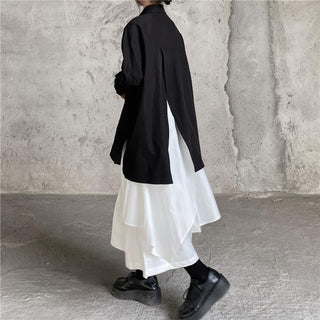 Cool Black Big Split Long Shirt & White Skirt Sets