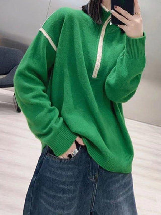 Urban Contrast Color Zipper High-Neck Sweater Tops Pullovers