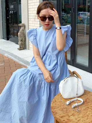 Crew Neck and Fungus Trim Paneled Pleated Fly Sleeve Dress