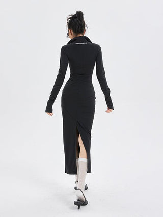 Fashionable Black Knitted Long-sleeve Bottoming Slit Dress