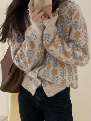 Floral Round Neck Long Sleeve Loose Sweater Cardigan