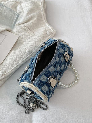 Stylish Pearl Chain Panel Denim Bag