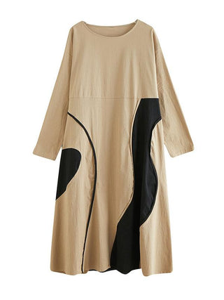 Casual Long Sleeves Loose Contrast Color Printed Round-Neck Midi Dresses