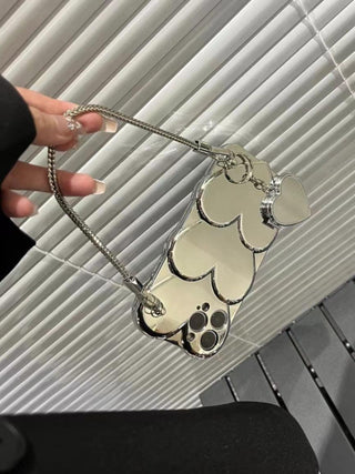 Bright Silver Heart Mirror Hand Chain Phone Case
