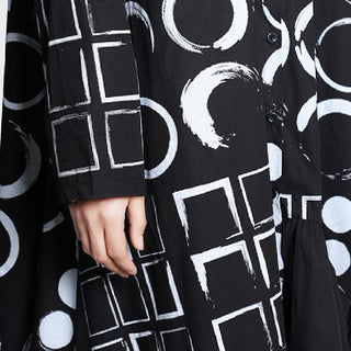 Casual High-Low Long Sleeves Polka-Dot Printed Falbala Black Midi Dress