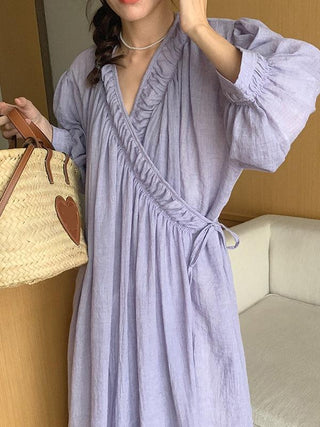 V-neck Crossover Loose Puff Sleeve Dress