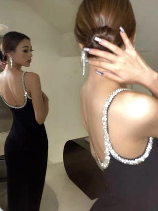 Black Diamond Glitter Slim Fit Open Back Evening Dress