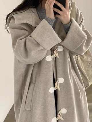 Loose Horn Button Hooded Long Woolen Coat