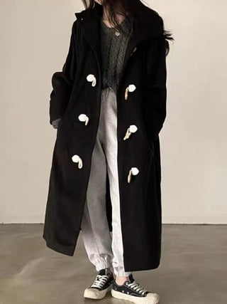 Loose Horn Button Hooded Long Woolen Coat