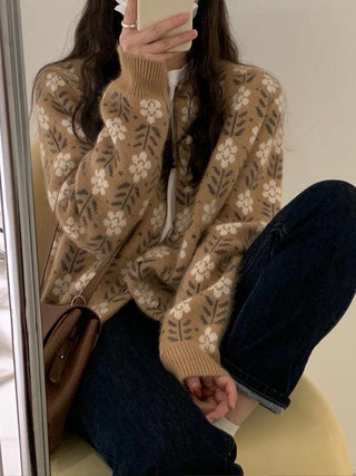 Floral Round Neck Long Sleeve Loose Sweater Cardigan