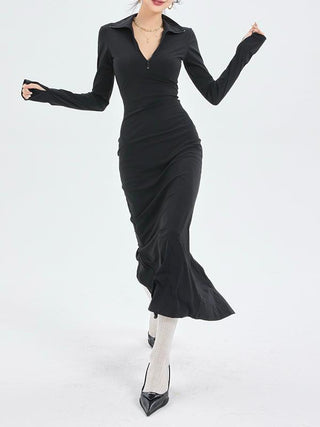 Fashionable Black Knitted Long-sleeve Bottoming Slit Dress
