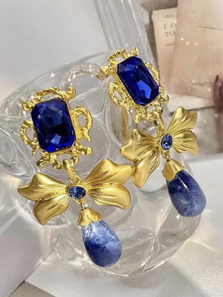 Bow Knot Rhinestone Handmade Blue Glass Earrings