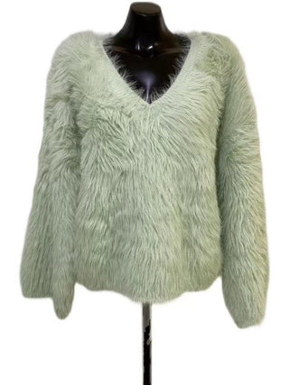V-neck Faux Mink Fleece Pullover Knitted Top