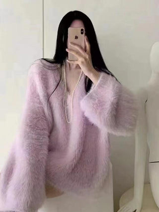 V-neck Faux Mink Fleece Pullover Knitted Top