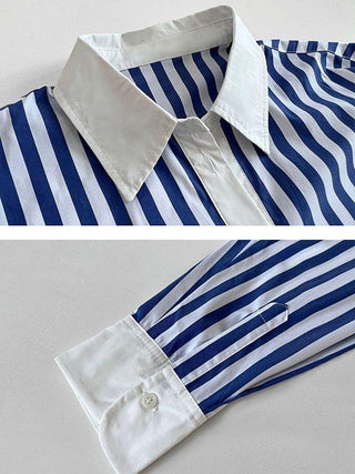 Simple Long Sleeves Contrast Color Striped Lapel Blouse Top