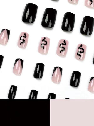 Black Pink Color Snake Printing False Nails