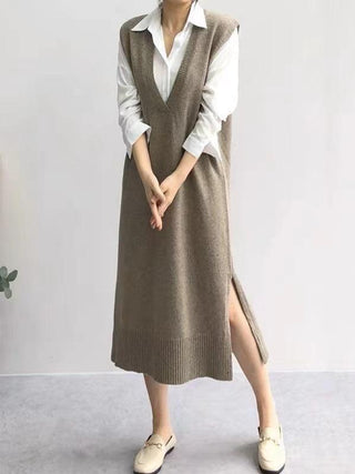 V-neck Knit Split-side Long Dress