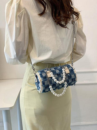 Stylish Pearl Chain Panel Denim Bag