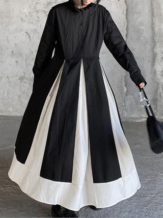 Black and white stitching stand collar large swing retro dress